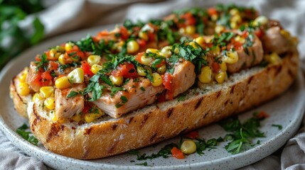 Fresh tuna sandwich topped with corn and herbs on a ceramic plate against a soft cloth background. Perfect for food photography and culinary use.
