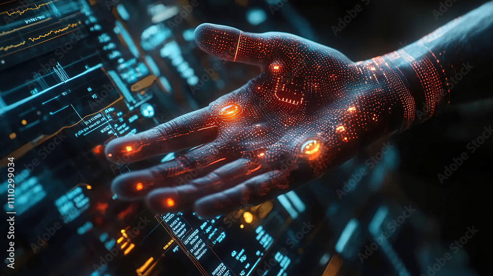 Aufkleber futuristic digital hand interacting with glowing holographic interface in a high-tech environment. g