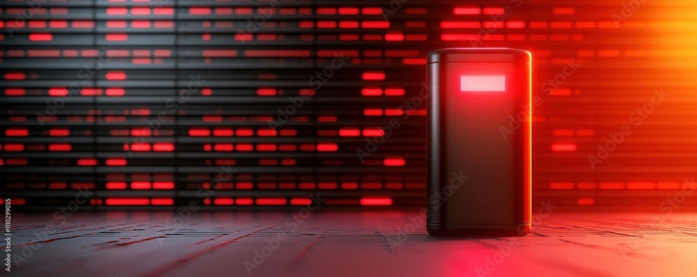 Poster a futuristic scene featuring a glowing device against a backdrop of digital patterns, evoking themes