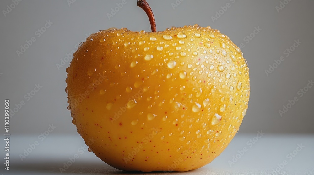 Poster fresh yellow apple with water droplets on a white background showcasing its vibrant color and textur