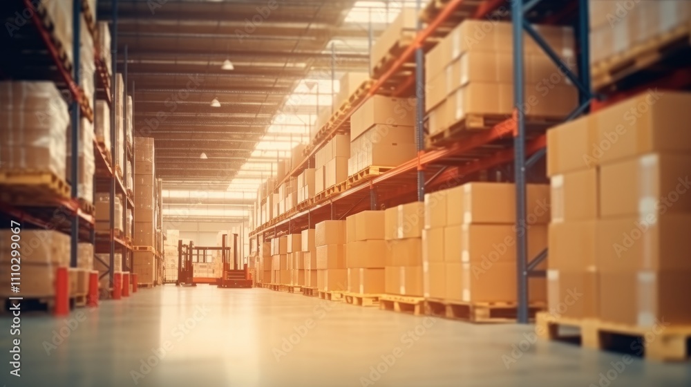 Poster warehouse interior with stacked boxes and pallets in a large retail storage space ideal for logistic