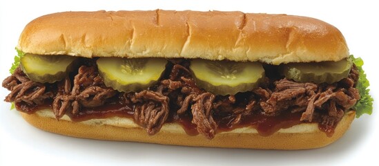 Delicious beef sandwich loaded with pickles, lettuce, and savory barbecue sauce on a fresh hoagie roll