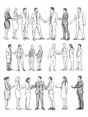 Linear vector illustration set of negotiating business people. Diverse men and women at business meetings, conclude an agreement, agree on cooperation, negotiate, shake hands, sell goods and services