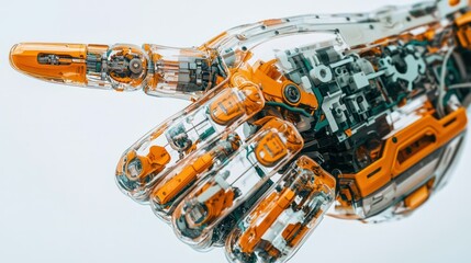Fototapeta premium Robotic hand with transparent parts revealing internal mechanics, finger pointing, isolated on white