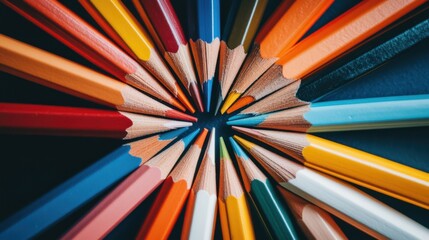 Fototapeta premium Different colored pencils arranged in a starburst pattern, representing the creative explosion of diversity, minimalistic photography style