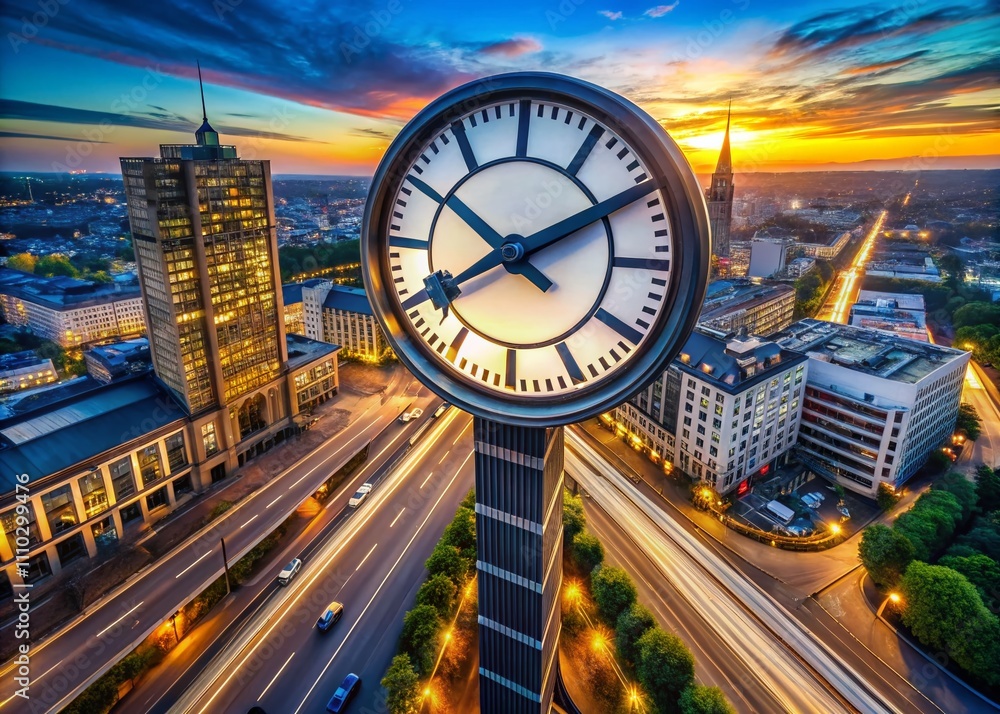 Poster dynamic drone capture of a clock with wheels racing through the cityscape, showcasing the fusion of 