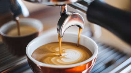 Fresh Espresso Shot with Golden Crema Pouring from Professional Coffee Machine into Double-Wall Glass Cup