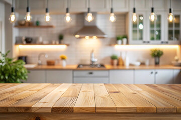 Wooden table in front of blurred modern kitchen.