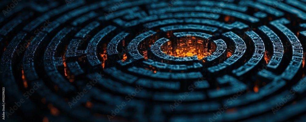 Poster cyber insurance and risk management concept. a close-up view of a complex, illuminated maze with a g
