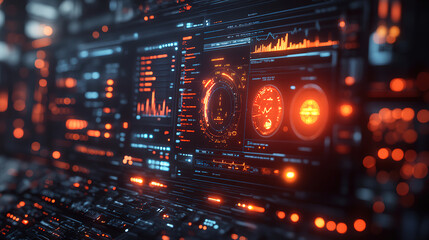Futuristic digital dashboard displaying data analytics and visualizations in a sleek environment at night. Generative AI