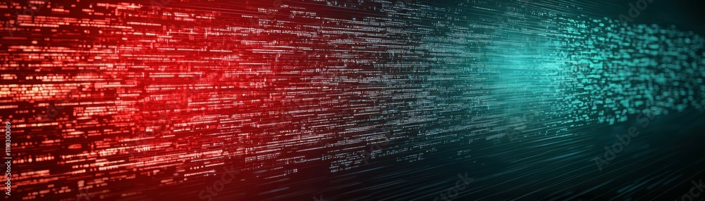 Poster abstract digital visualization featuring a blend of red and teal light trails, symbolizing motion an