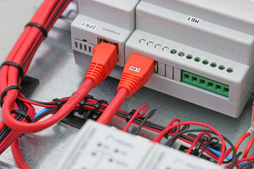 A patch cord with an Rj45 connector connected to a digital jack. Close-up. Soft focus.