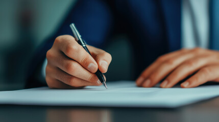 A close-up of a person's hand writing on a piece of paper with a pen, showcasing a professional and focused atmosphere.
