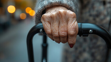 elderly hand gripping a walker with a blurred background, symbolizing the themes of aging, independence, resilience, and the support needed in later life for mobility and personal strength