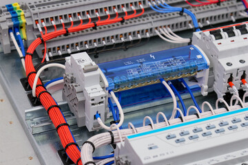 An electric switchboard for the organization of electricity supply to the apartment. Close-up. Soft...