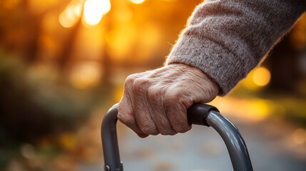 elderly hand gripping a walker with a blurred background, symbolizing the themes of aging, independence, resilience, and the support needed in later life for mobility and personal strength