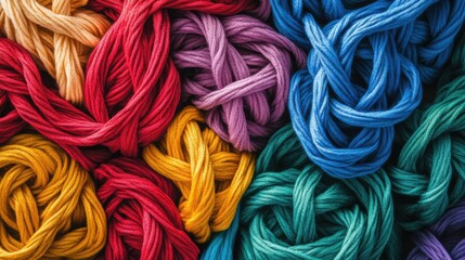 Different colored threads intertwined to form a tapestry, representing the interconnectedness and strength of diversity, minimalistic photography style