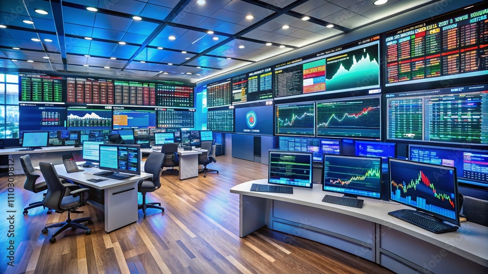 Aufkleber dynamic stock exchange market trends displayed on multiple screens in a trading room environment wit