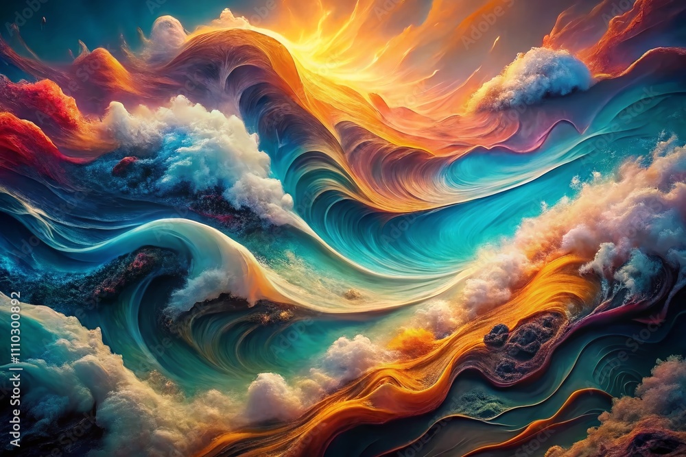 Poster dynamic waves and particles in abstract background captured by drone photography, showcasing fluid m