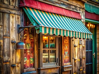 Fototapeta premium Vintage Boutique Storefront Macro Photography: Wooden Exterior, Striped Awning, Detailed Textures