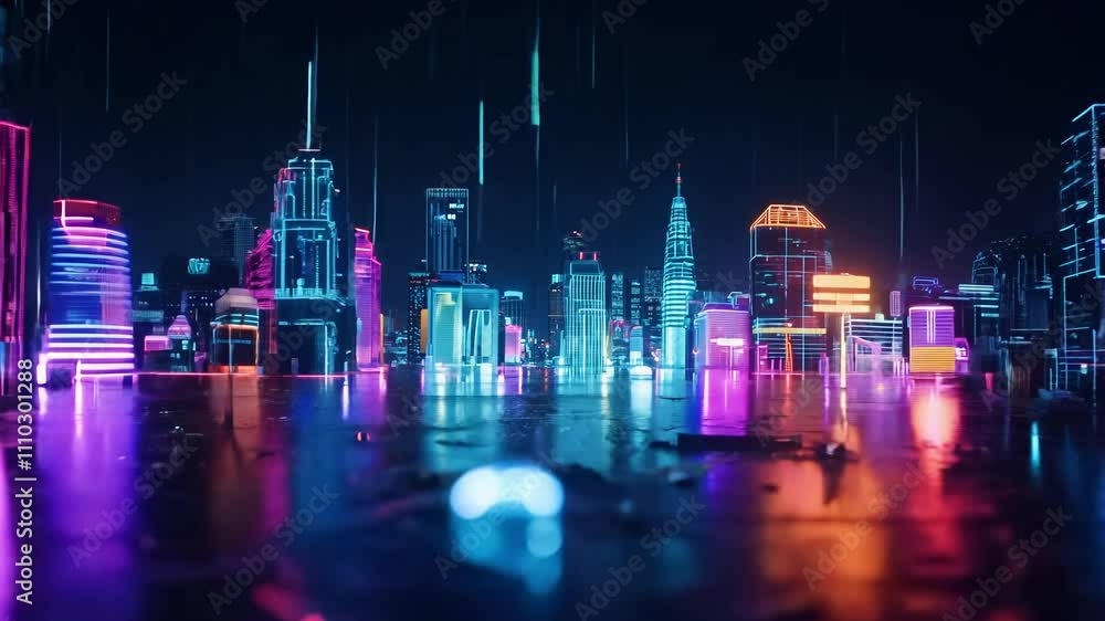 Poster seamless loop video of cyberpunk rain falling on a reflective surface with neon lighting and zoom ef