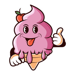 Ice cream logo. Comic, funny, dessert character of ice cream in a cup. Simple, flat style. For ice cream parlor. Vector. Close-up.