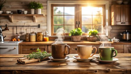 A rustic kitchen setting with three steaming mugs of coffee or tea, a rustic wood countertop, and a window overlooking a lush green view.