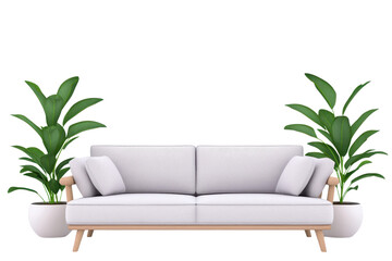 A modern sofa with a light gray fabric and wooden legs, accompanied by decorative plants on either side.
