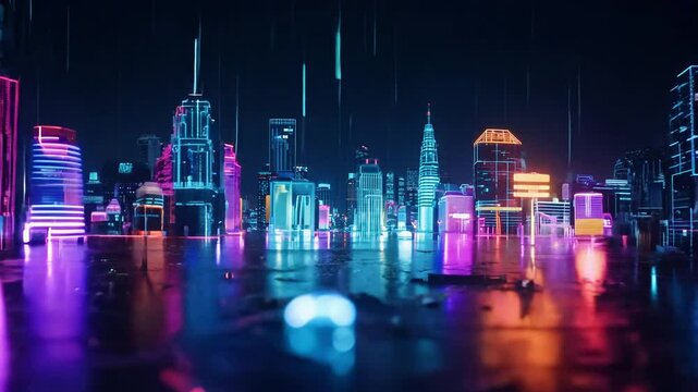 Seamless loop video of cyberpunk rain falling on a reflective surface with neon lighting and zoom effect