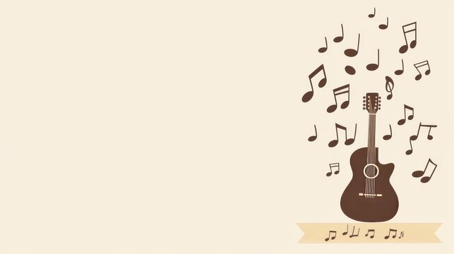 A customizable banner at the bottom enhances functionality. Elegant poster design for an outdoor music festival, showcasing a brown acoustic guitar and musical notes on a beige background. - Powered by Adobe