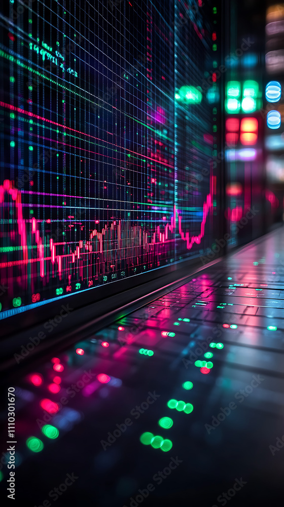 Poster abstract visualization of data trends with vibrant colors reflecting on a surface.