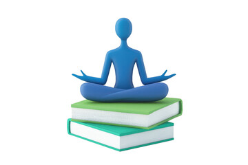 A blue figure in a meditative pose sits atop stacked books, symbolizing the union of mindfulness and knowledge.
