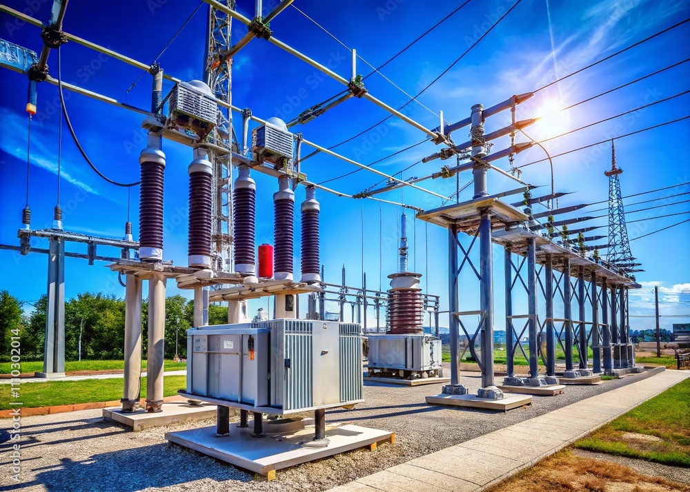 Poster efficient power distribution substation featuring switchgear and transmission transformer in a moder
