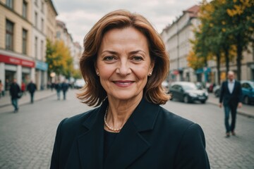 Close portrait of a smiling senior Moldovan businesswoman looking at the camera, Moldovan big city outdoors blurred background