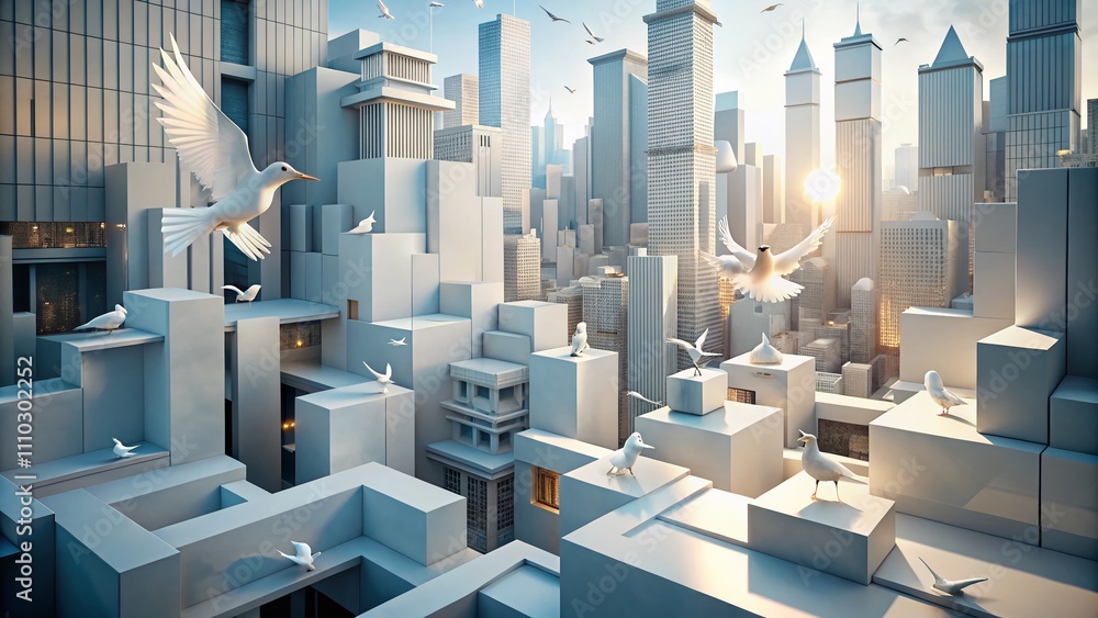Poster elegant abstract background of white geometric shapes stream, 3d rendering of urban exploration with