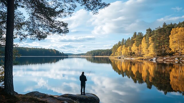 Angler Alone on Autumn Lake Enjoys Peaceful Solitude