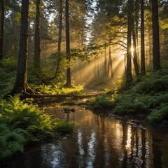 Fototapeta premium A lush forest at sunrise, with golden sunlight streaming through the tall trees and a clear stream reflecting the light.