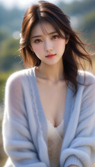 Fototapeta premium Beauty portrait of a beautiful young smiling woman in a fluffy knitted cardigan. Beautiful bare face, winter image.ふわふわのニットカーディガンを着た美しい若い笑顔の女性の美容ポートレート。美しい素顔、冬のイメージ。