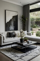 Modern Minimalist Living Room with Sleek Sofa Black Metal Coffee Table Geometric Rug and Frameless Glass Doors
