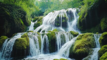 Obraz premium Serene Mossy Waterfall in Lush Forest