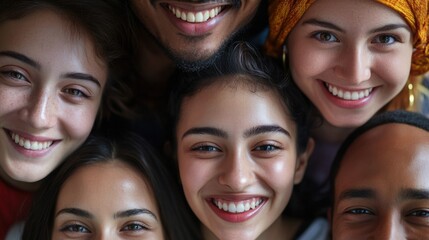 Diverse faces of people from different cultures smiling together, symbolizing harmony and unity in diversity, minimalistic photography style