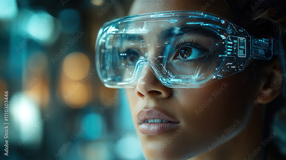 Poster woman wearing futuristic transparent goggles while engaging with a high-tech environment in a modern