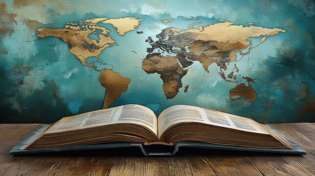 Open book lying wooden table world map background bible