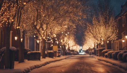 A neighborhood street lined with brightly lit trees and glowing lanterns at christmas