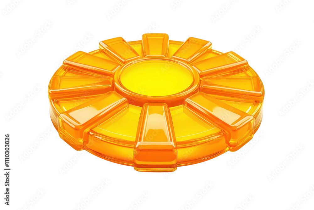Aufkleber a circular, bright orange object with a textured surface and distinct sections, resembling a futuris