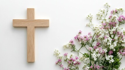 Flat lay wooden cross white background made light-colored composition with christian