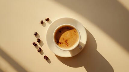Espresso cup, coffee beans, sunlight.