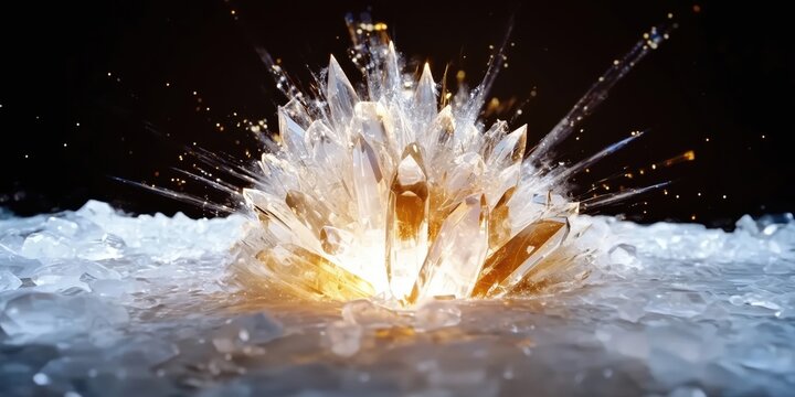 Golden crystal cluster glowing brightly on a bed of icy shards, set against a dark background with sparkling particles. Abstract and luxurious design with dramatic contrast.