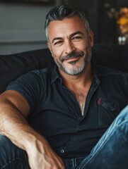 Obraz premium Portrait of handsome mature man relaxing on couch at home while looking at camera. Mixed race man in casual clothing sitting on sofa and smiling with copy space. Successful happy middle eastern guy.