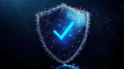 Digital illustration shield blue checkmark it made up dark wireframe